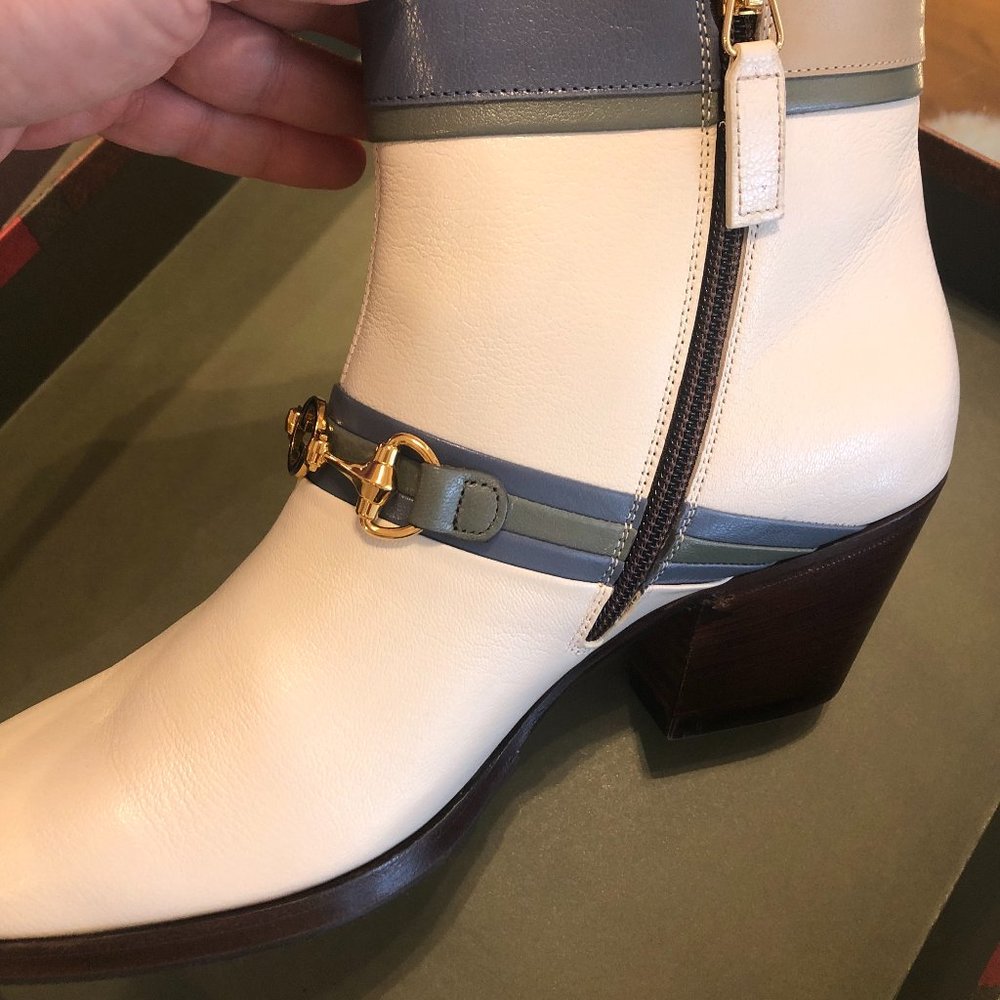 Gucci Ankle Boots in Ivory with Fog Blue Trim NEW IN BOX